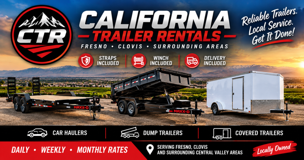 California Trailer Rentals car hauler, dump trailer, and enclosed trailer rentals in Fresno and Clovis, CA